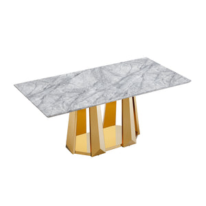 English Elm Marble Dining Table For 6-8, 70'' Rectangle Faux Marble Top With Gold Stainless Steel Base, Modern Elegance W3456S00012
