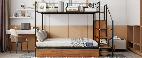 English Elm Twin Metal Bunk Bed Twin-Over-Full with Built-In Drawer, Ladder Storage, Wardrobe & Trundle Utility Black SF000174AAB