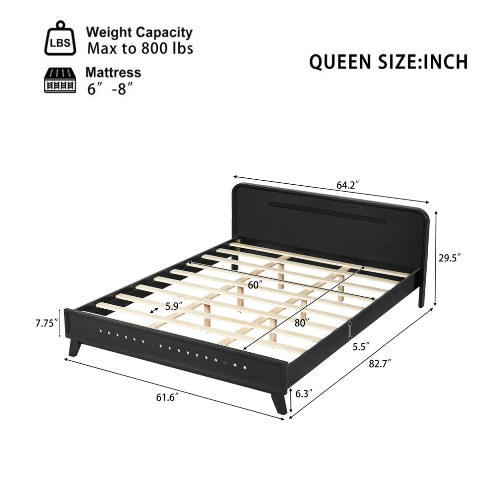 English Elm Pine Solid Wood Queen Platform Bed Matte Finish Tall Headboard No Box Spring Black N770PQ291030B