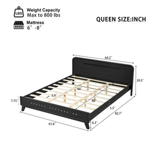 English Elm Pine Solid Wood Queen Platform Bed Matte Finish Tall Headboard No Box Spring Black N770PQ291030B