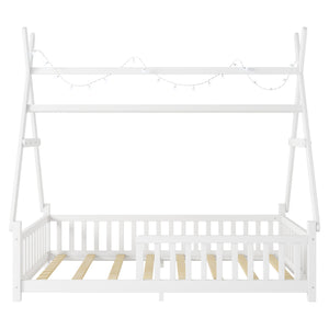 English Elm Twin House Bed with Roof and Guardrails, Low Floor Kids Playhouse Bed with Tent and Lights, Cozy Design White 80.91 L x 15.55 W x 6.5 H W2593P296909