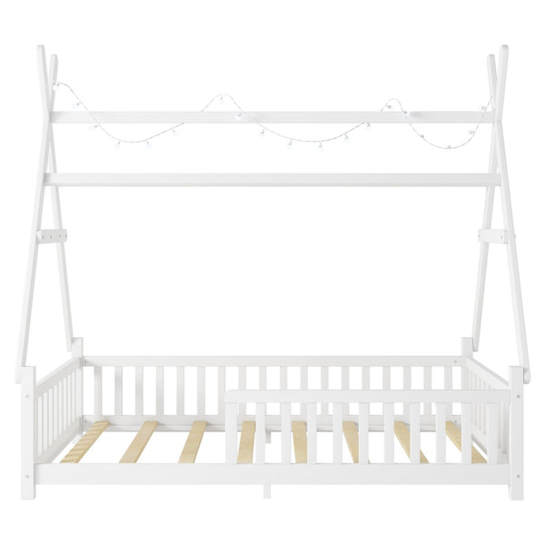 English Elm Twin Montessori Floor Bed House Frame with Led Lighting and Safety Rails for Kids White W2593P440571