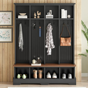 English Elm Farmhouse Hall Tree with Triple Arch Back Panel Eight Hooks Drawers and Entryway Bench Black N721S000075B