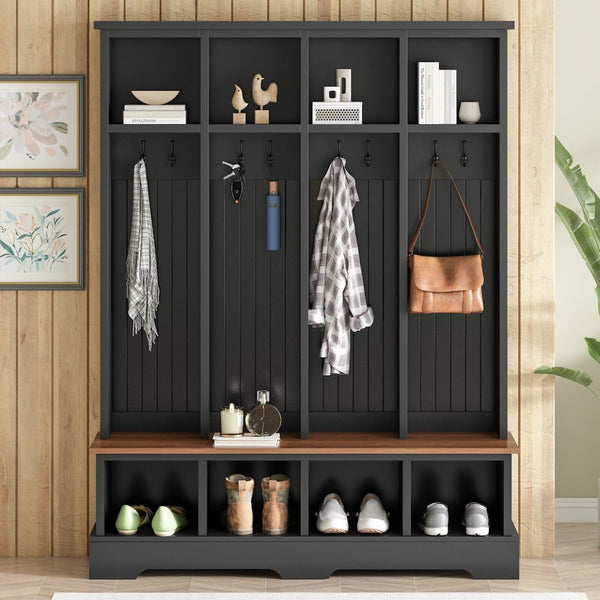 English Elm Farmhouse Hall Tree with Triple Arch Back Panel Eight Hooks Drawers and Entryway Bench Black N721S000075B