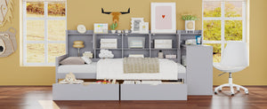 English Elm Twin L-Shape Daybed with Storage, 3 Cabinets & 2 Drawers, Built-In Desk Bookshelf, Gray Twin N733S247070E