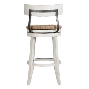 English Elm 31" Reclaimed Wood Barstool Woven Seagrass Seat Swivel Return for Kitchen Islands White B2751P436445