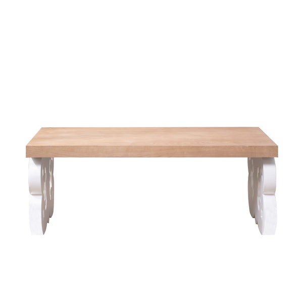 English Elm Ornate 47" Wood Coffee Table with White Carved Base and Natural Top — Farmhouse Charm, Durable Accent Piece W2729P298232