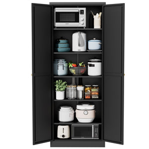English Elm 61" Matte Black Steel Freestanding Pantry Cabinet with 4 Adjustable Shelves Modern Farmhouse T2398P465984