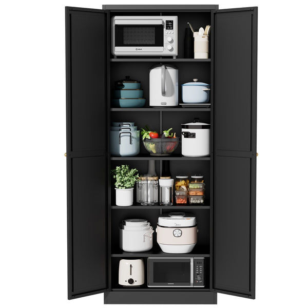 English Elm 61" Matte Black Steel Freestanding Pantry Cabinet with 4 Adjustable Shelves Modern Farmhouse T2398P465984