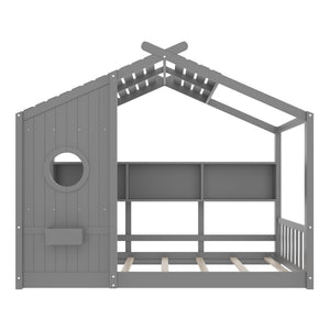 English Elm Twin House Floor Bed for Kids Montessori Playhouse with Roof, Built-In Shelf, Sturdy Pine Frame, Safeologna Gray 78.6 L x 16.6 W x 6.85 H N733P335064E