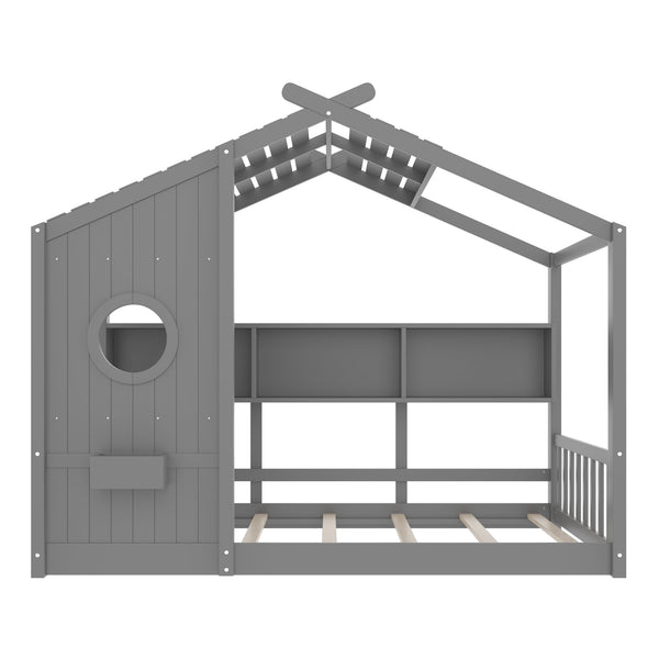 English Elm Twin House Floor Bed for Kids Montessori Playhouse with Roof, Built-In Shelf, Sturdy Pine Frame, Safeologna Gray 78.6 L x 16.6 W x 6.85 H N733P335064E