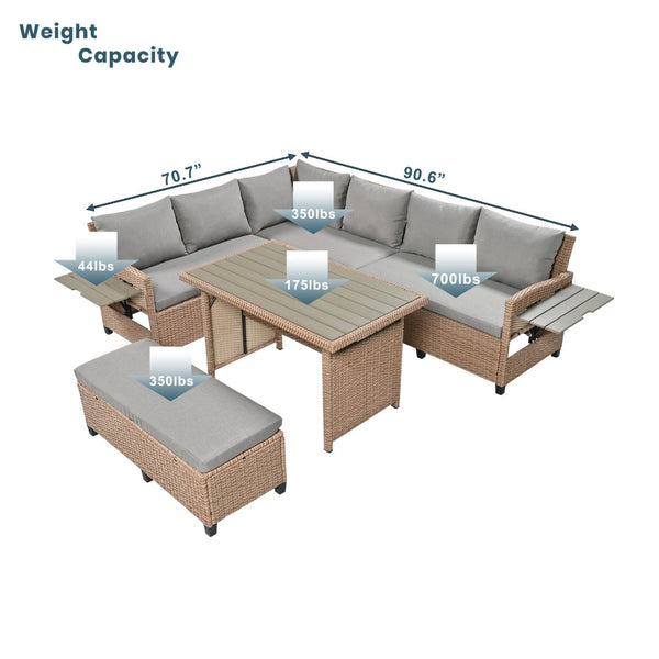 English Elm Tomax Outdoor Pe Wicker Sectional Set Seats 7 with Dining Table and Side Tables N717S100006D