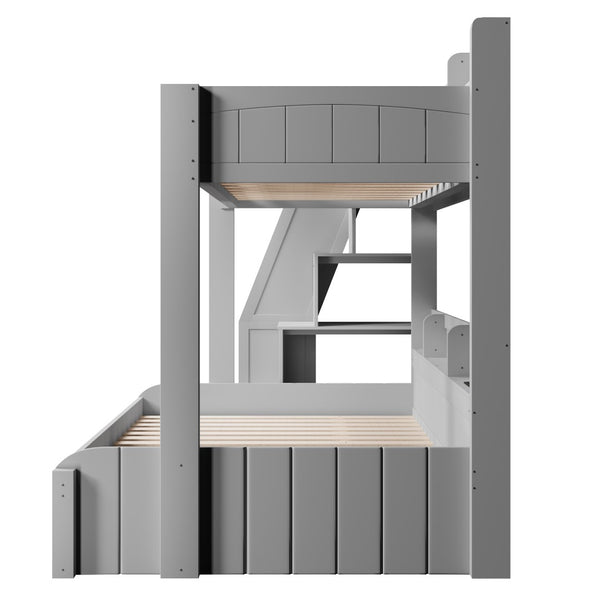 English Elm Twin Over Full Bunk Bed with Stair Drawers Shelves Led Lighting and Usb Port Grey N7090005013E