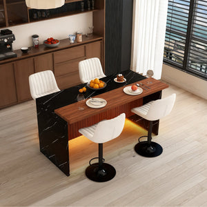 English Elm 63" Modern Kitchen Island Set With 4 Beige Bar Stools - Elegant Black Marble, Led Light & Grille Design W2699S00075