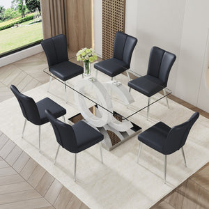 English Elm 1 Table and 6 Chairs Set.63"X35.4 Rectangular Transprant Tempered Glass Dining Tabletop With White Mdf Oc Shaped Bracket.Paired With 6 Black Pu Chairs With A Vertical Stripe Design On The Backrest.