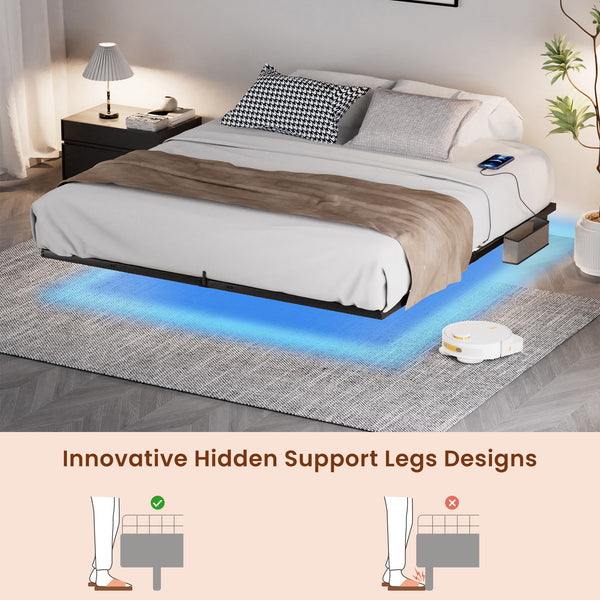 English Elm Floating Bed Frame King Size With Led Lights & Charging Station - Modern Metal Platform Design! W1162P187901
