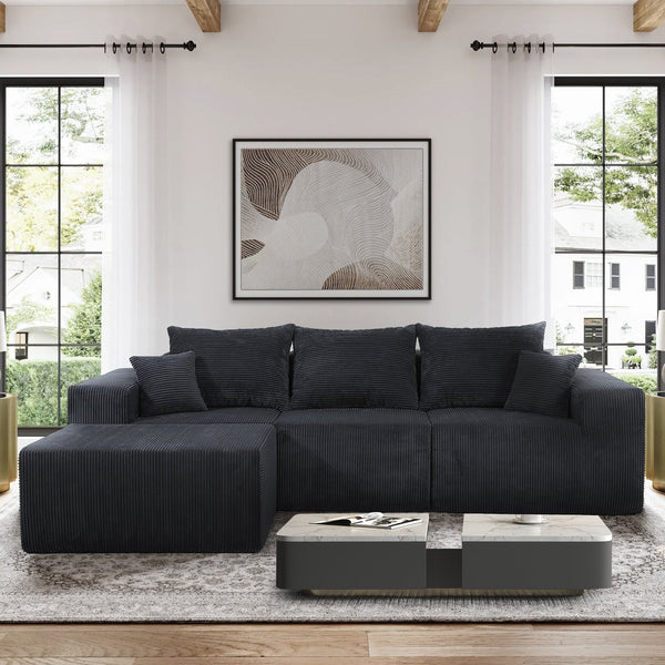 English Elm 4-Piece Modular L-Shaped Sectional Sofa with Corduroy Upholstery, Convertible Chaise, Pillows Included Black W3163S00038