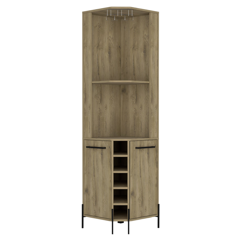 English Elm Hans Corner Bar Cabinet Macadamia Oak Finish with 5 Bottle Wine Rack, 9pc Stemware, 2 Shelves, Storage B070S00181