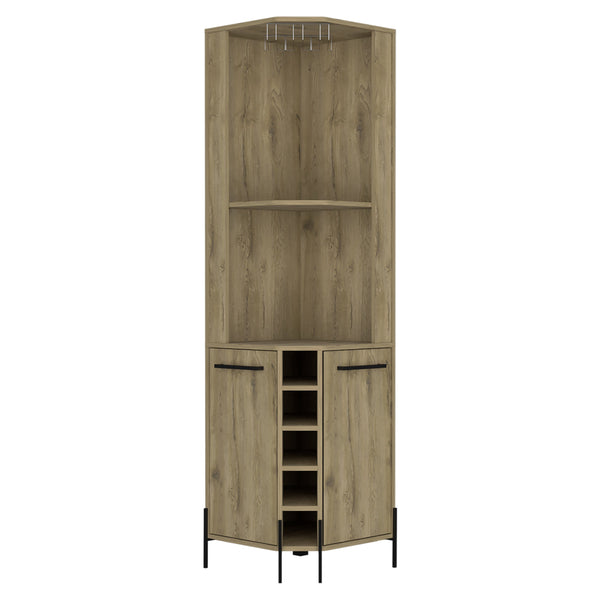English Elm Hans Corner Bar Cabinet Macadamia Oak Finish with 5 Bottle Wine Rack, 9pc Stemware, 2 Shelves, Storage B070S00181