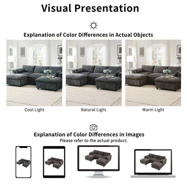 English Elm 86.5'' Chenille Modular Sectional Sofa with Storage Pockets, 5-Seat U-Shaped Cloud Sofa with Ottomans & Pillows DARK GREY N723S8723E