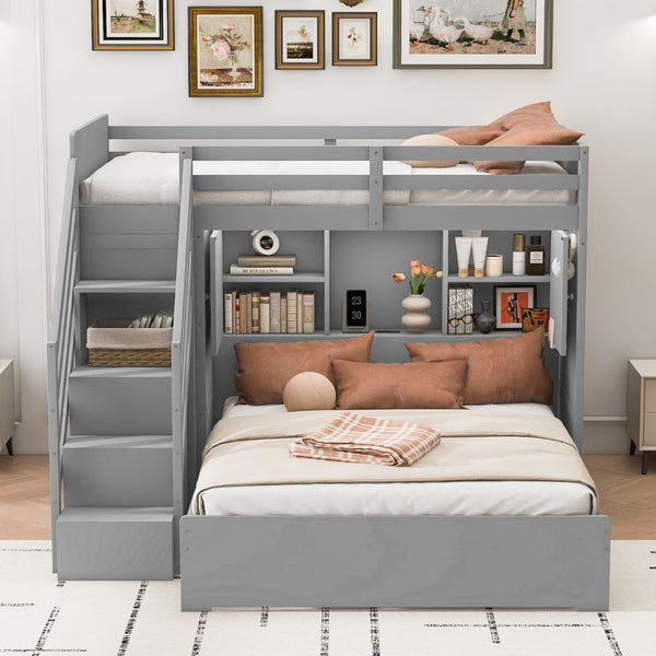 English Elm Twin Over Full Bunk Bed with Wardrobe Storage Stairs Shelves and Usb Charging Gray LT000292AAE