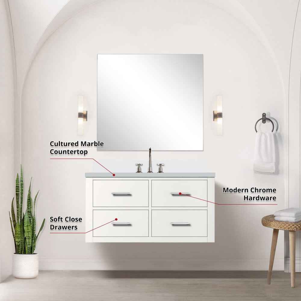 English Elm White Single Bath Vanity Set With Cultured Marble Top, Frameless Mirror & Chrome Faucet – 36" W X 22" D B2731S01983-GIGA