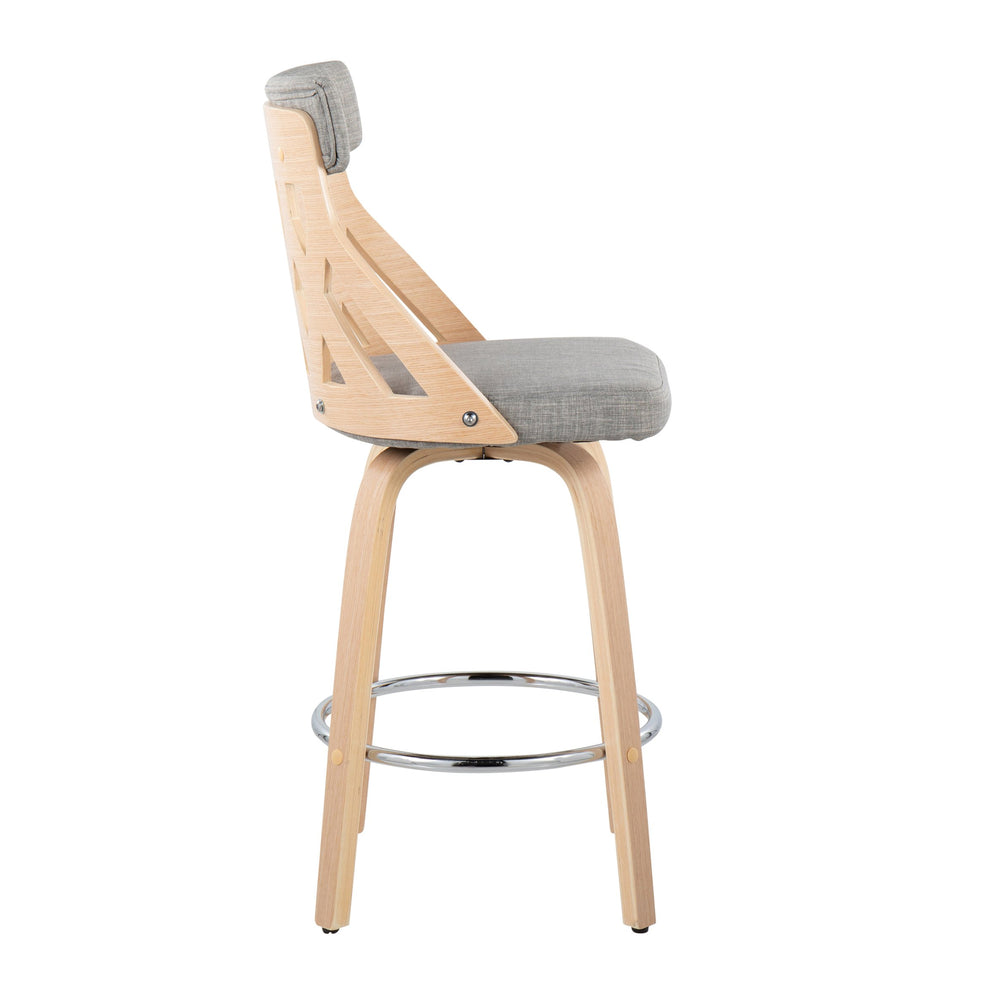 English Elm York Mid-Century 26" Counter Stool — Natural Wood Lattice Back, Light Grey Padded Swivel Seat, Chrome Footrest B202P222125