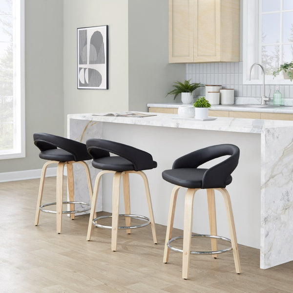 English Elm Fixed-height Swivel Counterstools Natural Wood Faux Leather Chrome Footrest Set B202S01755