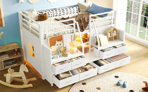 English Elm Twin Low Loft Bed with Shelves Fabric Drawers and Under Bed Study Nook Metal Frame Light White W5305S00042