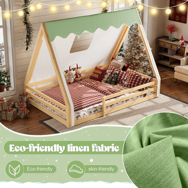 English Elm Twin Montessori Floor Bed Solid Pine Teepee Frame with Guardrails and Canopy Light Natural W1580P369468