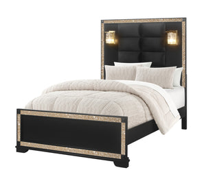 English Elm LIVELY Solid Wood Bed with Padded Headboard and Built-In Lamps, Low Profile Frame & Glitter Accents BLACK/GOLD FULL B201S00210