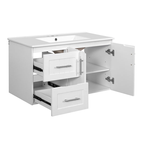 English Elm 36'' Wall Mounted Bathroom Vanity with Ceramic Sink, Solid Wood & MDF Floating Cabinet with Drawers White N710P293299K