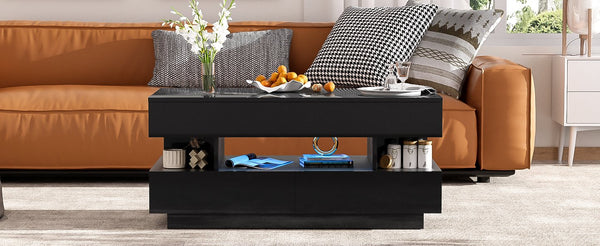 English Elm U-Can Lift-Top Coffee Table with LED Ambient Lighting, Dual Drawers and Adjustable Scalable Design Black N724P290058B