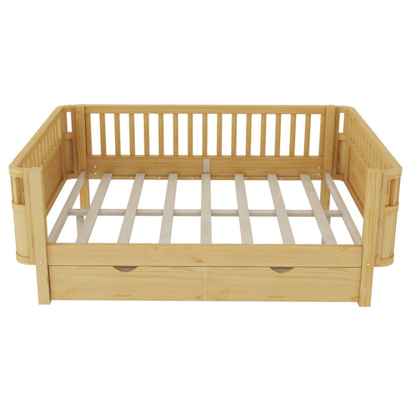 English Elm Twin Kids Platform Bed Solid Pine White Finish with Storage Drawers and Safety Rails Natural W2593P409119