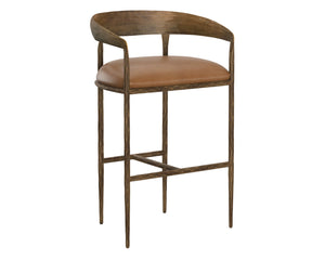 Sunpan Zanatta Stylish Barstool with Antique Brass Frame and Unique Hammered Metal Detailing for Any Space Tan Leather