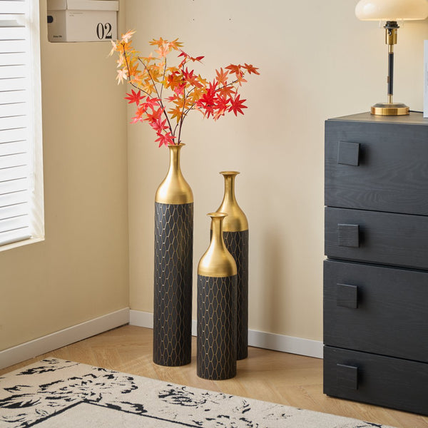 English Elm Black Black and Gold Metal Vase Set of 3 Tall Cylinder Floor Vases – Glam Textured Wedding & Home Décor W2796P278078