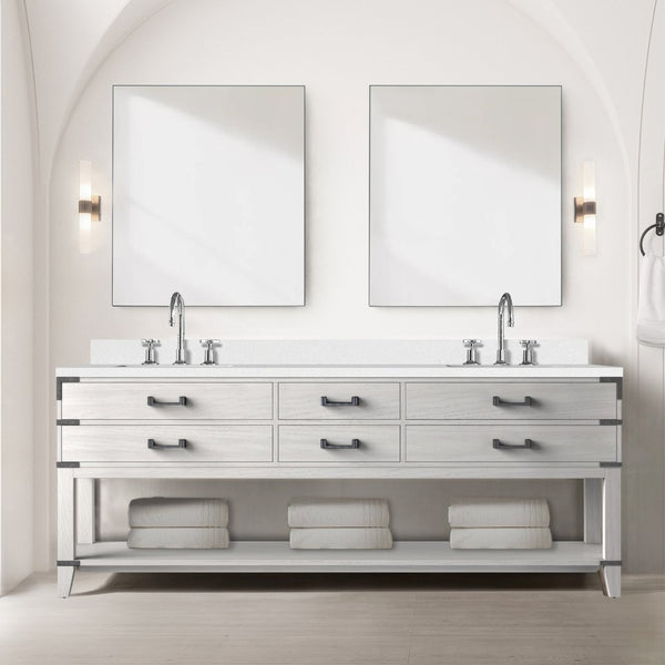 English Elm White Oak Double Bath Vanity 84" W X 22" D With Luxurious White Quartz Top & Ample Storage Space B2731P260396-GIGA