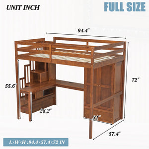 English Elm Twin Over Full Bunk Bed Solid Pine Frame with Built-in Slide and Storage Staircase Walnut W504S00286