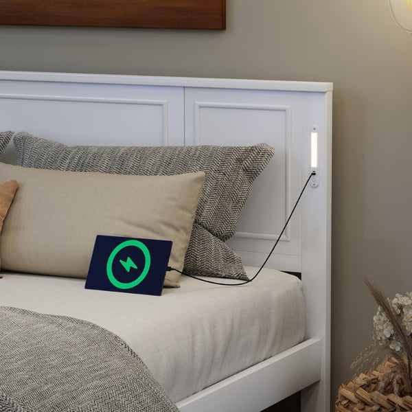 English Elm King Pine Wood Platform Bed with Led Lighting Usb Charging Tall Panel Headboard White W504S00274