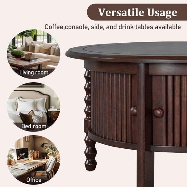 English Elm Vintage Round Coffee Table With Hidden Storage - Mid Century Modern Accent Table For Small Spaces N735P277387D-GIGA