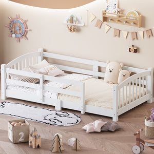 English Elm Twin Montessori Floor Bed Solid Pine Frame with Safety Guardrails for Kids Bedroom White N733P400298K