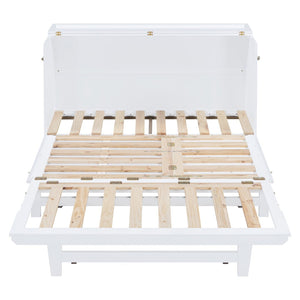English Elm Murphy Queen Wall Bed with Frosted Glass Cabinet Facade Gold Legs Pine Frame White N820S00028K