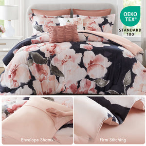 English Elm 7-piece Cal King Cotton Printed Comforter Set with Embroidered Decorative Pillows Blush Multi B035P482948