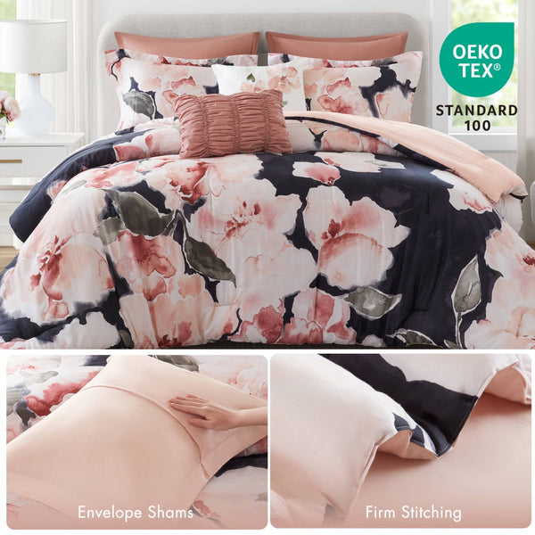 English Elm 7-piece King Comforter Set Cotton Print Bedding with Embroidered Pillows Layered Bedroom Blush Multi B035P482947