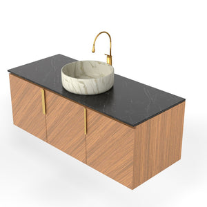 English Elm 48" Sintered Stone Countertop Vanity Base Brown Oak Cabinet Brushed Gold Handles W2615P338019
