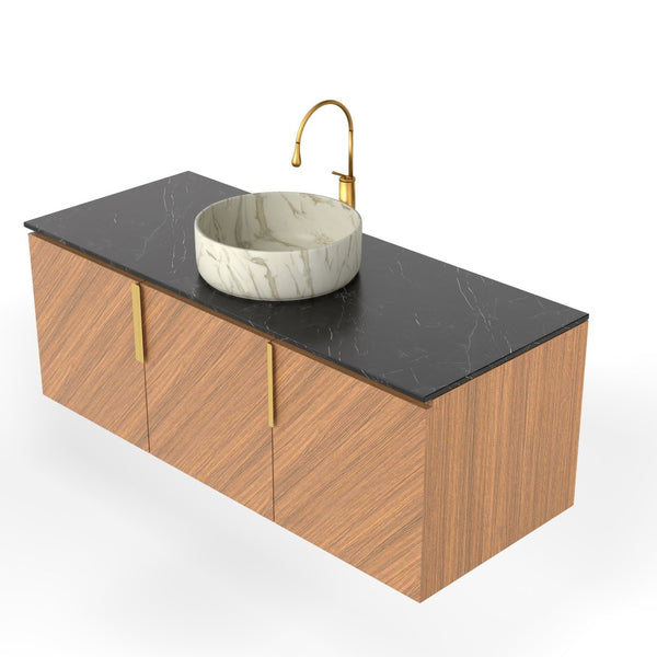 English Elm 48" Sintered Stone Countertop Vanity Base Brown Oak Cabinet Brushed Gold Handles W2615P338019