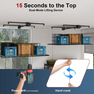 English Elm Overhead Garage Storage Rack with Crank Lowering Steel Platform for High Ceilings W2700P346226