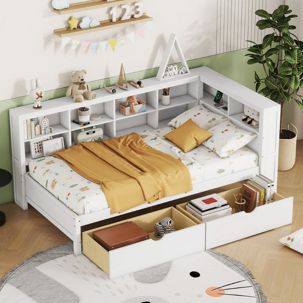 English Elm Wooden Twin Daybed with Storage Drawers Usb Charging Shelf and Pine Frame White N733S347768K
