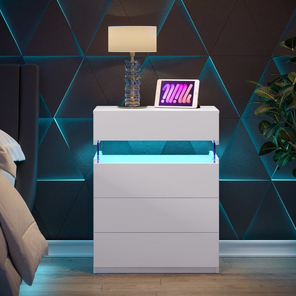 English Elm Nightstand with Led Backlighting Acrylic Panel Four Drawers Modern Bedroom Side Table White W2178P246212