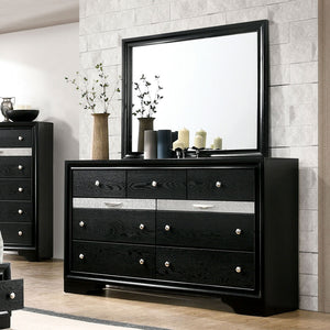 English Elm Black Dresser w Mirror Set – Gleaming Black Finish, Silver Accents, Hidden Jewelry Drawer, 63"W Elegance B2741S00553